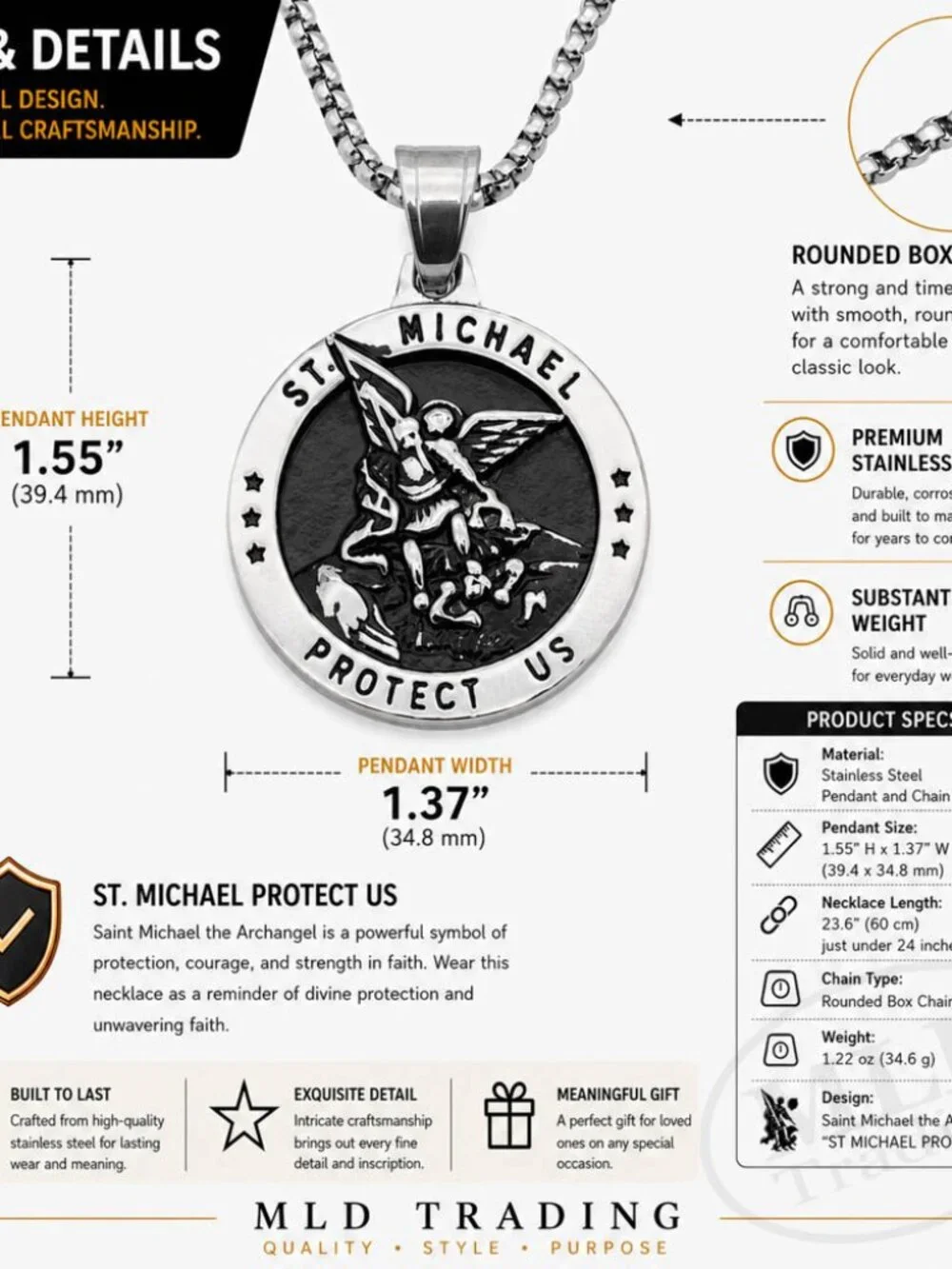 Saint Michael Archangel Stainless Steel Medal Pendant Necklace - 24